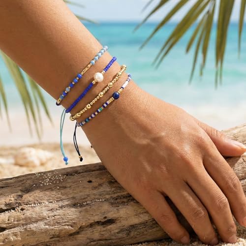 5Pcs Stack Gold Plated Ball Beaded Bracelets Set for Women, Boho Handmade Colorful Glass Pearl Stretch Accessories Jewelry, Summer Beach Daily Wear Holiday Friendship Gift - color: Blue Gold