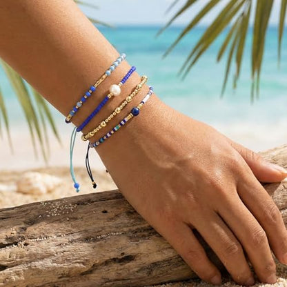 5Pcs Stack Gold Plated Ball Beaded Bracelets Set for Women, Boho Handmade Colorful Glass Pearl Stretch Accessories Jewelry, Summer Beach Daily Wear Holiday Friendship Gift - color: Blue Gold