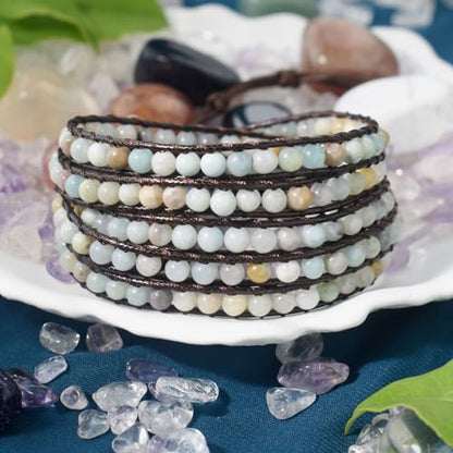 Genuine Stone Wrap Bracelets for Women Natural Crystal Beaded Wrap Bracelet 2/3/5 Adjustable Bohemian Bracelets Jewelry Gifts for Women Mom - color: amazonite(5 wraps)