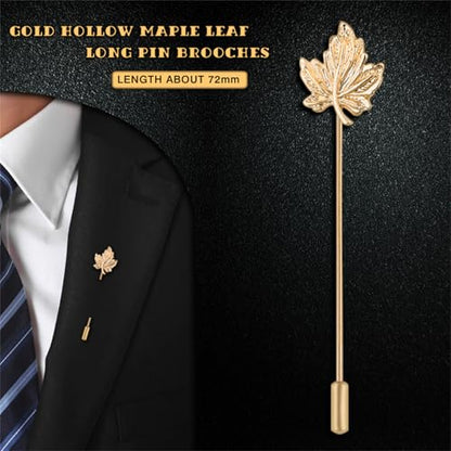 Dreuyet Simple Gold Silver Plated Long Brooch Pins with Cute Animal Antlers Leaves Plant Bees Rabbits Rose Flower Feather Brooch Jewelry for Women Men Elegant Suit Collar Lapel Pin - style: Maple Leaf