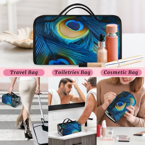 Blue Peacock Feathers Hanging Roll Up Cosmetic Bag with 4 Removable Storage Bags Waterproof Foldable Toiletry Kit for Women - color: Multicolor 5