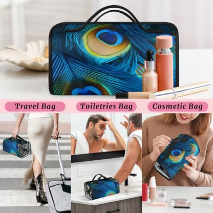 Blue Peacock Feathers Hanging Roll Up Cosmetic Bag with 4 Removable Storage Bags Waterproof Foldable Toiletry Kit for Women - color: Multicolor 5