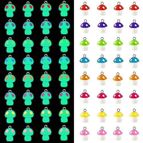 64Pcs Mushroom Resin Charms, Luminous Mushroom Beads | 32 Solid and 32 Glow in The Dark, Mushrooms Pendant, DIY Crafts, Bracelet Necklace Earrings Jewelry Making, Party Favors - style: Mushroom Style