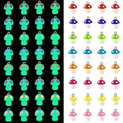 64Pcs Mushroom Resin Charms, Luminous Mushroom Beads | 32 Solid and 32 Glow in The Dark, Mushrooms Pendant, DIY Crafts, Bracelet Necklace Earrings Jewelry Making, Party Favors - style: Mushroom Style