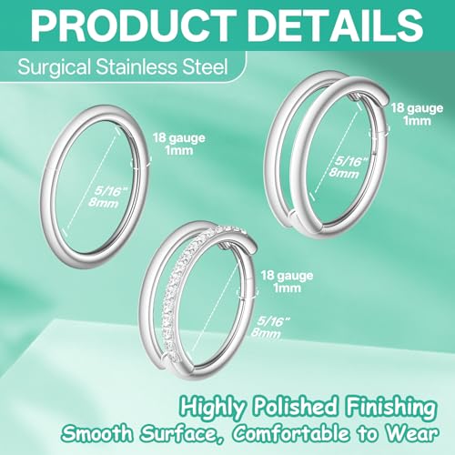 davka Nose Ring Set, 18G Hinged Hoop 8mm & 20G Nose Studs, Stainless Steel & Gold Plated, Hypoallergenic, Multiple Styles Nose Piercing Jewelry - color: Silver/3Pcs Hoops/18gauge 8mm/Set B
