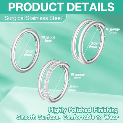 davka Nose Ring Set, 18G Hinged Hoop 8mm & 20G Nose Studs, Stainless Steel & Gold Plated, Hypoallergenic, Multiple Styles Nose Piercing Jewelry - color: Silver/3Pcs Hoops/18gauge 8mm/Set B