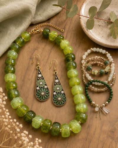 3Pcs Boho Jewelry Set for Women Necklace Earrings Bracelet | Acrylic Beaded Necklace | Floral Enamel Earrings | Layered Bracelet | Coordinated Trio | Green Boho Style | Gift for Women