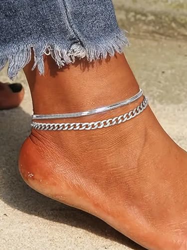 FOCALOOK Anklet Bracelets Set for Women, 14K Gold Plated Layered Anklet Set | Adjustable for Large Ankle, Cuban/Snake/Figaro/Paperclip Chain, Waterproof & Non Tarnish for Everyday Wear, Beach & Summer - color: A:2Pcs-Anklet Set-Silver