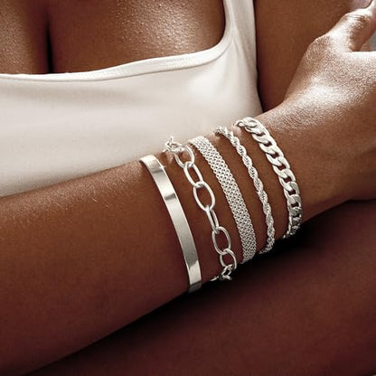 Dainty Bracelet for Women 14K Gold Plated Cross Pearl CZ Leaf Bracelets Set Gold Layering Bracelets Everyday Jewelry - color: 5 Layer Cuff Set -SL