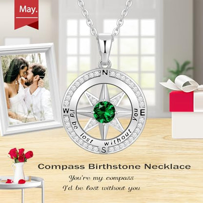 Peeshow Compass Birthstone Necklace for Women Wife, S925 Sterling Silver Gift for Wife Wedding Anniversary Birthday Gifts for Women Jewelry for Her Girlfriend I'd be Lost without You - style: 05-May-Emerald