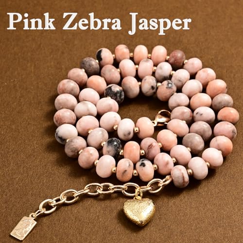 Boho Gemstone Beaded Necklace for Women – Colorful Natural Stone Choker 18K Solid Heart-Shaped Pendant, Summer Beach Jewelry - color: Pink Zebra Jasper