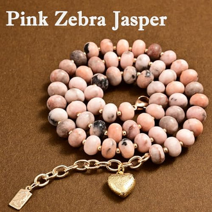 Boho Gemstone Beaded Necklace for Women – Colorful Natural Stone Choker 18K Solid Heart-Shaped Pendant, Summer Beach Jewelry - color: Pink Zebra Jasper