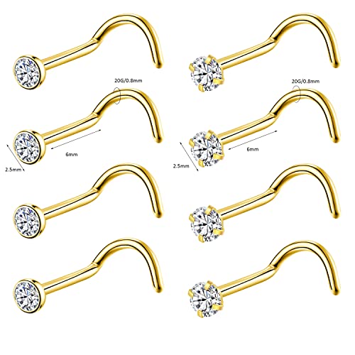 8PCS G23 Titanium Twist Screw Nose Studs 18G 20G Nose Rings 2mm 2.5mm 3mm Clear Pink Purple Aurora CZ Gold Nose Piercing Studs Nostril for Women Men - style: 20g gold clear cz 2.5mm