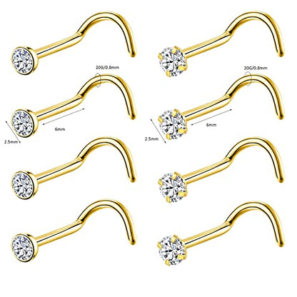 8PCS G23 Titanium Twist Screw Nose Studs 18G 20G Nose Rings 2mm 2.5mm 3mm Clear Pink Purple Aurora CZ Gold Nose Piercing Studs Nostril for Women Men - style: 20g gold clear cz 2.5mm