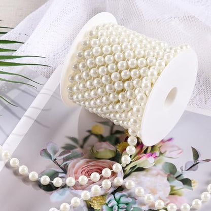 8mm Pearls for Crafting, 33 Feet Fake Pearl Beads String Ivory | Beaded Garland Roll Stand Decorative for Party Wedding Valentine Christmas Tree - size: 8mm/10.1m