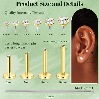 16G 18G 12Pcs Flat Back Stud Earrings 316L Surgical Steel Internally Threaded Stud for Women Tragus Labret Monroe Cartilage Helix Conch Studs Hypoallergenic Nose Stud Piercing Jewelry - color: Gold, size: 16G