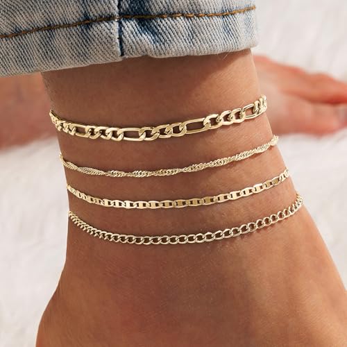 Fesciory 14K Gold Plated Ankle Bracelets Sets For Women, Adjustable Layered Infinite Anklet, Summer Beach Butterfly Star Foot Chain Jewelry Gifts - style: Figaro Set(Gold)