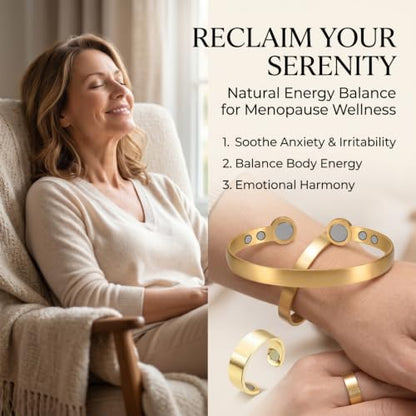 Calming Bracelet Ring Set for Women, Menopause Bracelets Adjustable Bangle Stainless Steel Cuff Climacterium Anxiety Stress Relief Energy Open Jewelry Gift - color: Gold PRO + Gold