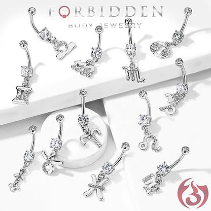 Forbidden Body Jewelry Surgical Steel CZ Jeweled Zodiac Sign Dangle Belly Button Ring - style: Sagittarius