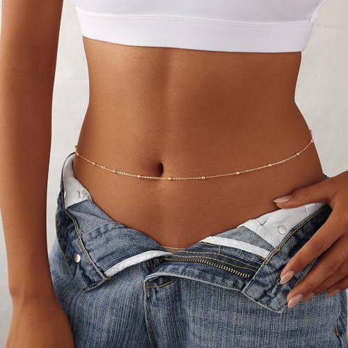 Waist Chain for Women 14K Gold/Silver Plated Body Chain Beads Link Belly Chains Belly Belt Waist Beads Chains Adjustable Sexy Bikini Body Jewelry Daily Belts Gifts for Women - style: Waist Beads-GD