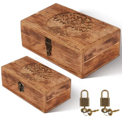 Vicenpal 2 Wooden Tree Keepsake Boxes with Lock, (8x5x3.2 Inch & 7x3.7x2.8 Inch), Handmade Decorative Wooden Box Treasure Chest Box, Gift Ideas for Men & Women Jewelry Rings Storage - color: Dark Color, size: 8 x 5 x 3 & 6.5 x 4 x 2 inches, style: Tree of