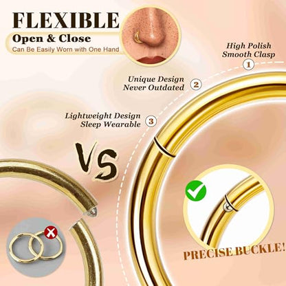 4PCS 18G 20G Surgical Steel Nose Ring Hoop for Women Men Hinged Double Nose Hoop CZ Opal Clicker Septum Nose Hoops Cartilage Conch Tragus Rook Ring Lip Daith Piercing Jewelry Gold Silver 7-9MM - color: Gold, size: 18G-8mm (Top Pick)