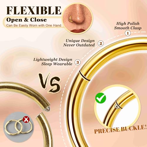 4PCS 18G 20G Surgical Steel Nose Ring Hoop for Women Men Hinged Double Nose Hoop CZ Opal Clicker Septum Nose Hoops Cartilage Conch Tragus Rook Ring Lip Daith Piercing Jewelry Gold Silver 7-9MM - color: Gold, size: 18G-9mm (Relatively Big)