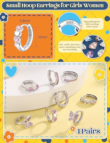 925 Sterling Silver Post Small Hoop Earrings For Girls - Hypoallergenic Huggie Earrings for Women Cute Heart Flowers Butterfly Star Cubic Zirconia Cartilage Earrings For Sensitive Ears 4Pairs - color: Pink