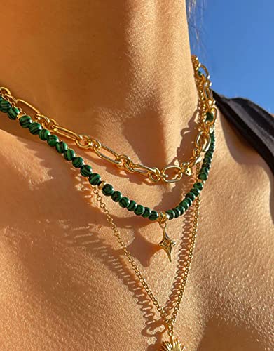 PEARLADA Turquoise Beaded Choker Necklace Chakra Stone Necklace Adjustable - color: Malachite Beads 6mm