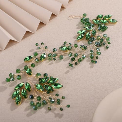 Teyglen Green Crystal Bride Flower Wedding Hair Vine Handmade Rhinestone Headband Bridal Hair Piece for Women Party Prom Headpiece Sparkly Rhinestone Hair Accessories (Green) - color: Green