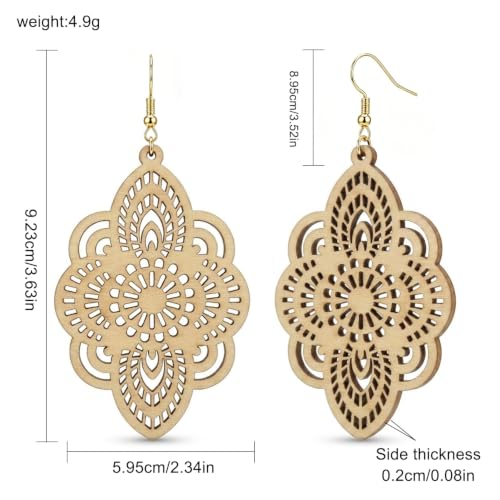 Boho Black Filigree Dangle Earrings for Women, Lightweight Hollow Lace Drop, Wood, 3.34" x 1.69", Bohemian Jewelry - color: Beige