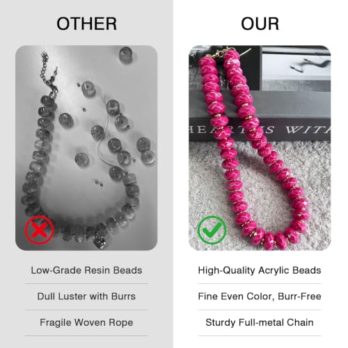 Colorful Chunky Acrylic Beaded Choker Necklaces for Women | Multicolor Faceted Beads, Sturdy Metal Chain, Adjustable Detachable, Lightweight, Summer Boho, Sparkly Statement Jewelry Gift - color: Rose Red