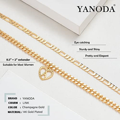YANODA Initial Ankle Bracelets for Women 14K Gold Plated Layered Figaro Cuban Chain Letter Initial Anklets Handmade Letter A-Z Gold Anklets for Women Foot Jewelry Gifts - color: R
