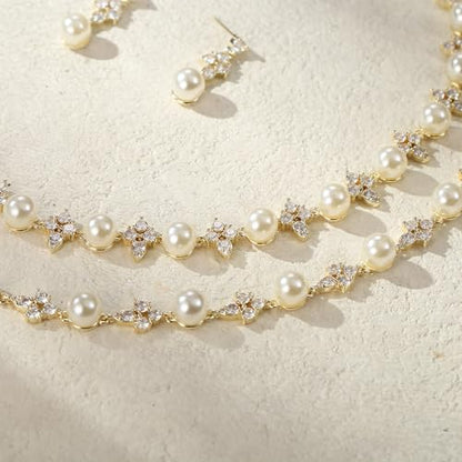 EVER FAITH Cubic Zirconia Pearl Leaf Bridal Jewelry Set for Bride Women - color: Floral_Gold-Plated-Brass