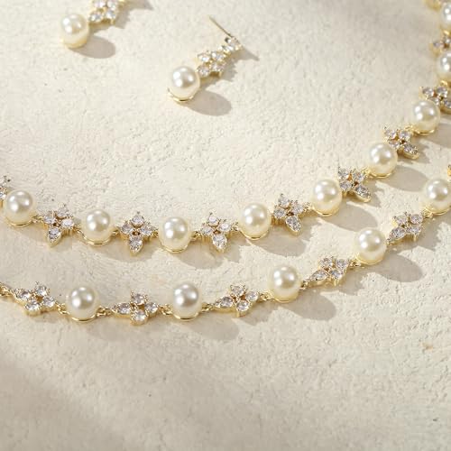 EVER FAITH Cubic Zirconia Pearl Leaf Bridal Jewelry Set for Bride Women - color: Floral_Gold-Plated-Brass