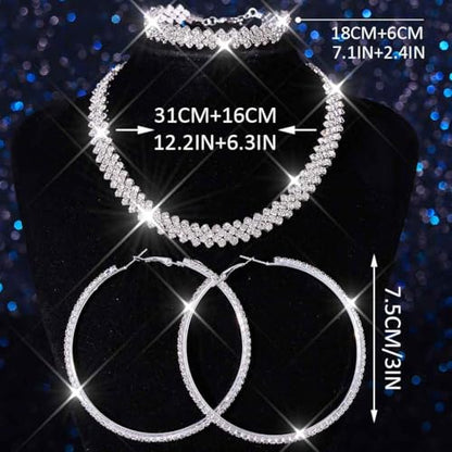 Black Jewelry Sets Rhinestone Necklace Hoop Earrings Bracelet Set Prom Formal Sparkly Costume Jewelry Sets for Women - color: Silver