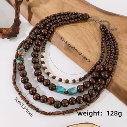 Elisheva Beaded Statement Necklace, Bohemian Layered Wood Bead and Turquoise Necklace, Chunky Coconut Shell Collar Necklace, Tribal Collar Jewelry for Women - color: wood and turquoise necklace