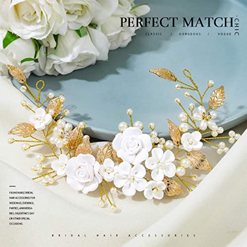 CASDRE Flower Bride Wedding Hair Vine Pearl Bridal Headpiece Leaf Hair Accessories Hair Piece for Women and Girls (B Gold) - color: B Gold