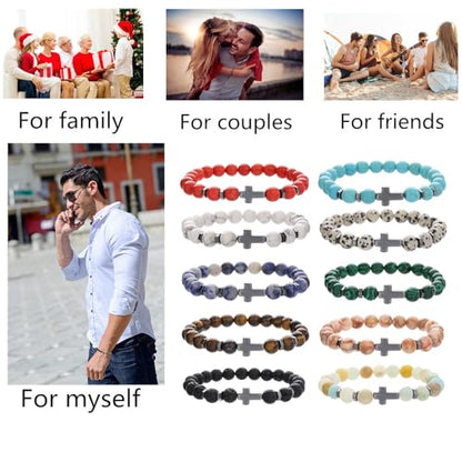 Beaded Bracelets Cross Bracelet for Women Men Lava Rock Turquoise Tiger Eye Natural Bracelet Anxiety Healing - color: 10 Pcs- black Hematite cross