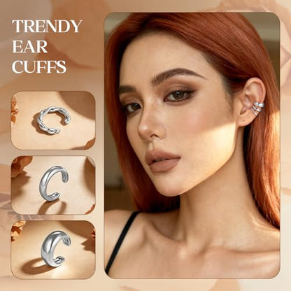 Ear Cuff Earrings for Women Non Piercing Helix Cartilage Clip on Ear Cuffs 14K Gold Plated & Sterling Silver Stainless Steel Hypoallergenic Huggie Hoop Fake Earring Set Jewelry Gift - color: K2-Chunky Hoop Set Silver