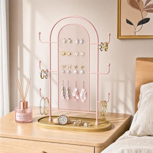 bussdis Jewelry Holder Organizer Earring Display - Earring Storage Tree Stands Towers With 6 Hooks 300 Studs Wood Tray Pink Metal Rack - color: Pink