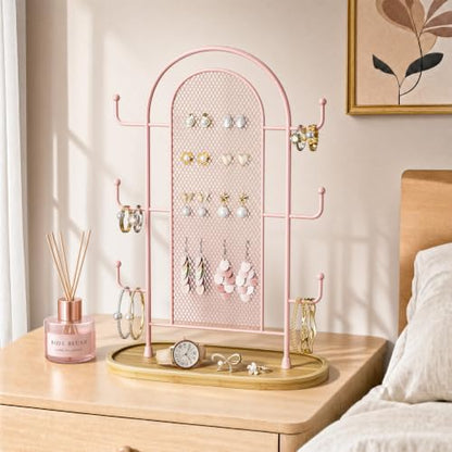 bussdis Jewelry Holder Organizer Earring Display - Earring Storage Tree Stands Towers With 6 Hooks 300 Studs Wood Tray Pink Metal Rack - color: Pink