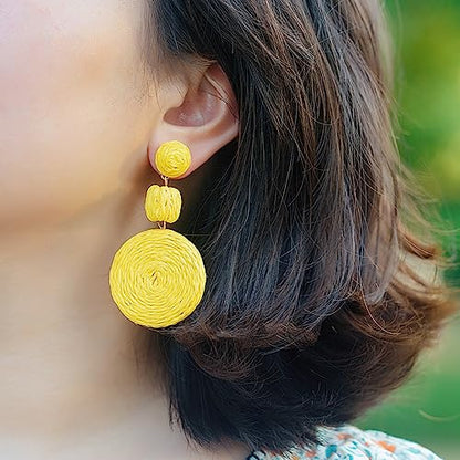 Statement Raffia Boho Round Dangle Ball Earrings - Cute Handmade Summer Bohemian Dangling Jewelry for Women - color: Yellow