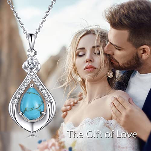 VONALA Sterling Silver Necklace Moss Agate/Turquoise/Larimar/Aquamarine/Opal/Black Onyx/Rose Quartz/Moonstone Pendant Teardrop Necklace Jewelry Gift for Women - style: Turquoise