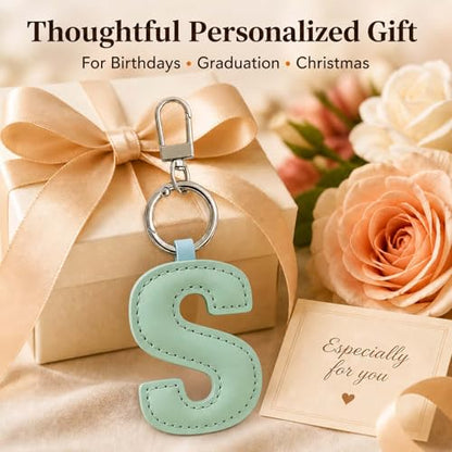 Initial Letter Keychain,Stainless Steel,Colorful Faux Leather Keyring for Backpack,Purse,Car Keys,Gift for Men Women - color: S