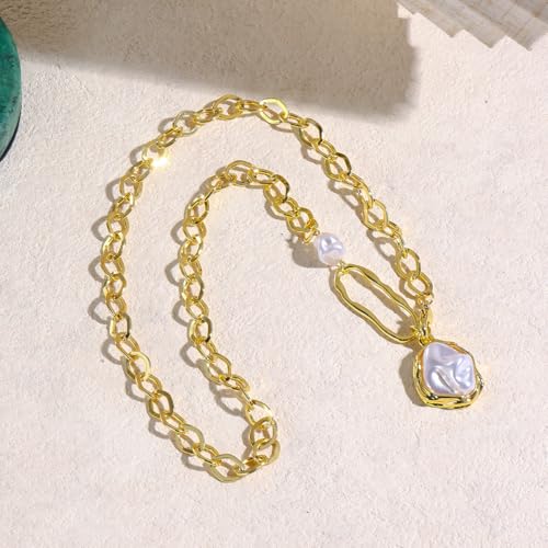 Chunky Pearl Necklaces for Women Chunky Baroque Pearl Beaded Gold Chain Link Pearls Pendant Necklace White Pearls Necklace Valentine's Day Jewelry Gifts Party Prom Birthday Outfits Accessorie - style: Gold Chain,Two Pearls