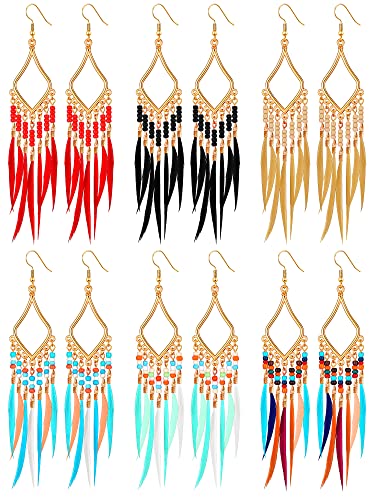 Sumind 6 Pairs Long Beaded Feather Tassel Earrings Boho Dangle Bohemia Handmade Seed Bead Statement Fringe Drop Earrings for Women Girls