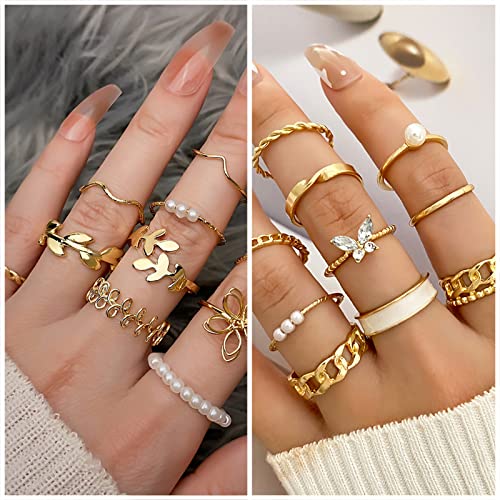 IFKM Gold Plated Jewelry Set for Women,14k Gold Plated Multi Layer Necklaces Stackable Bangle Bracelets Stackable Knuckle Rings Hoop Earrings Set Anniversary Trendy Elegance Charms Anniversary Birthday Jewelry Gift - color: Gold