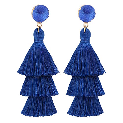 Bohemian Tiered Tassel Earrings with Druzy Stud for Women | Long Layered Fringe Drop Earrings, Statement Jewelry for Party Beach Festival - color: Royal Blue