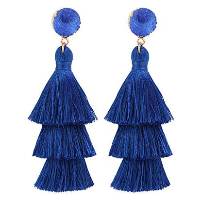 Bohemian Tiered Tassel Earrings with Druzy Stud for Women | Long Layered Fringe Drop Earrings, Statement Jewelry for Party Beach Festival - color: Royal Blue